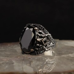 BayVog 925 Sterling Silver Black Zircon Stone Men Silver Ring, Handmade Men Ring