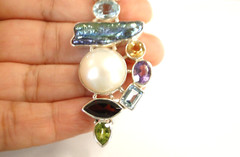 White Mabe Pearl Black Biwa Multi Gemstone 925 Sterling Silver Pendant