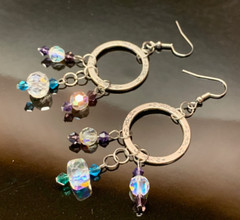 Blue Purple Clear Austrian Crystals Long Dangle Handmade Pierced Earrings LR143