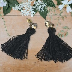 Handmade , boho,hippie Black Tassel studs Earrings Fringe Thread 1.5