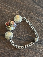 Sterling Silver Artisan Hammered Disc Bead Pearl Cluster Bracelet 19Gr 7.5” READ
