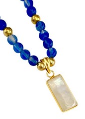ARTISAN Gold Tone Radiant Cut MOONSTONE Pendant 25” Blue Glass Beaded Necklace