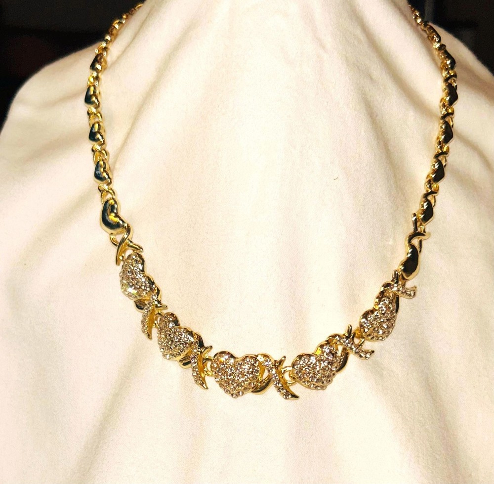 XOXO Cubic Zirconia Bib Necklace • Rhinestone Heart Accents • Gold Tone Chain