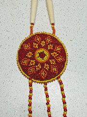 Handmade Beaded Medallion Necklace Red Yellow Bone Beads Cowrie Shells