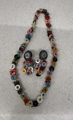 Handmade Artisan Necklace Earring Set Vintage Buttons Colorful Boho 1970s OOAK