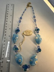 Murano Glass Beaded Necklace Blue Floral Millefiori Italy Statement (Z5)