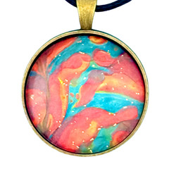 Pendant Necklace Handmade «Coral Ocean» Brass Bezel 30mm Black Cord
