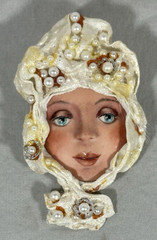 Vintage Mixed Media Face Brooch Pearl Embellished Fabric Art Jewelry 4”