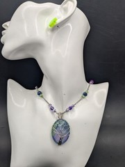 Wire Wrapped Tree Of Life Pendant On A Beaded Chain And Earrings.