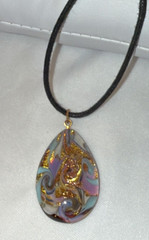 Handmade Artisan Fused Glass Teardrop 16″ Necklace Gold Pink Blue w/ Black Cord