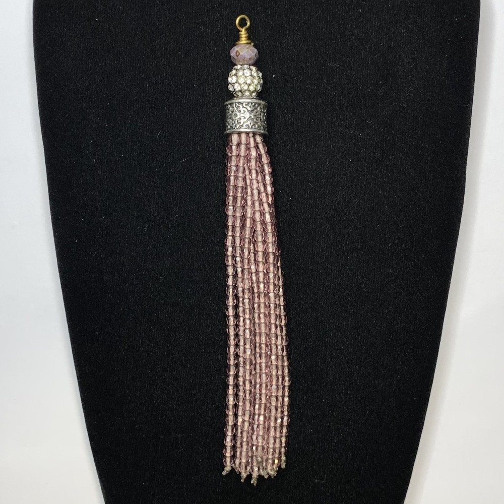 Handcrafted Sterling Silver And Lavender Glass Seed Bead Tassel Pendant 5.5”