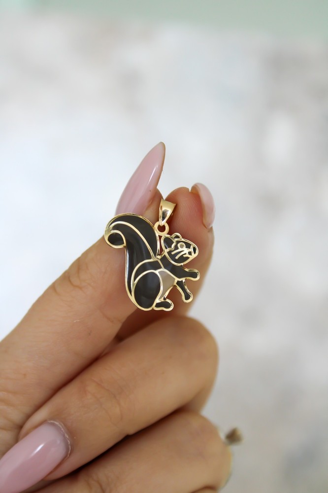 14k Solid Gold Squirrel Charm, Enamel Pendant Animal Charm Hand-Painted Necklace