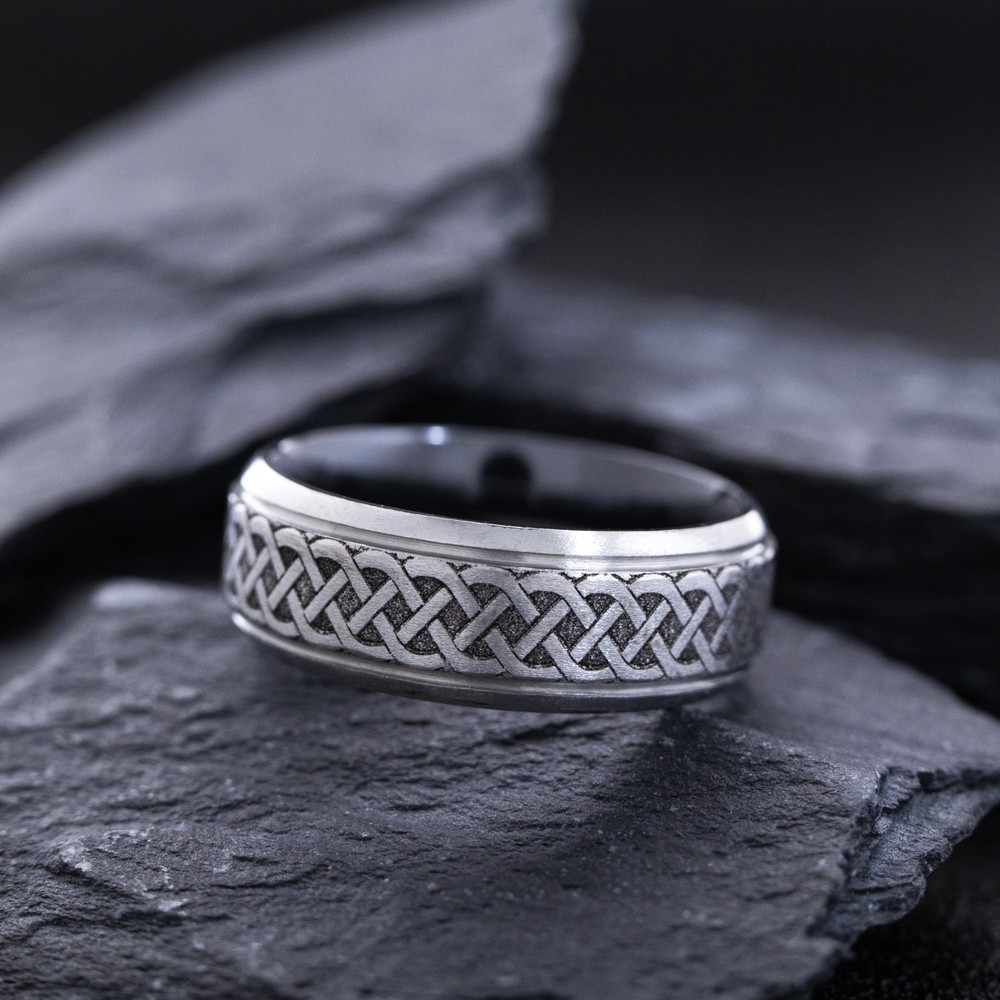 8mm Black Zirconium Band with Engraved Silver Celtic Pattern
