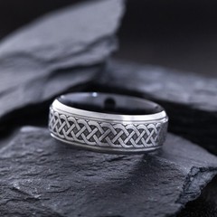 8mm Black Zirconium Band with Engraved Silver Celtic Pattern
