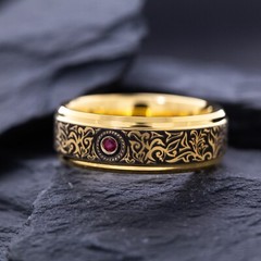8mm Yellow Gold Plated Tungsten Ring with Red Ruby and Victorian Engravings