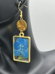 Rectangle, flowers in blue and gold earrings, costume jewelry