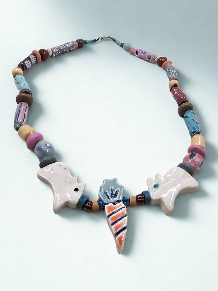 Handmade Ceramic Bead Statement Necklace Rabbit Arrowhead Pastel Glaze Artisan