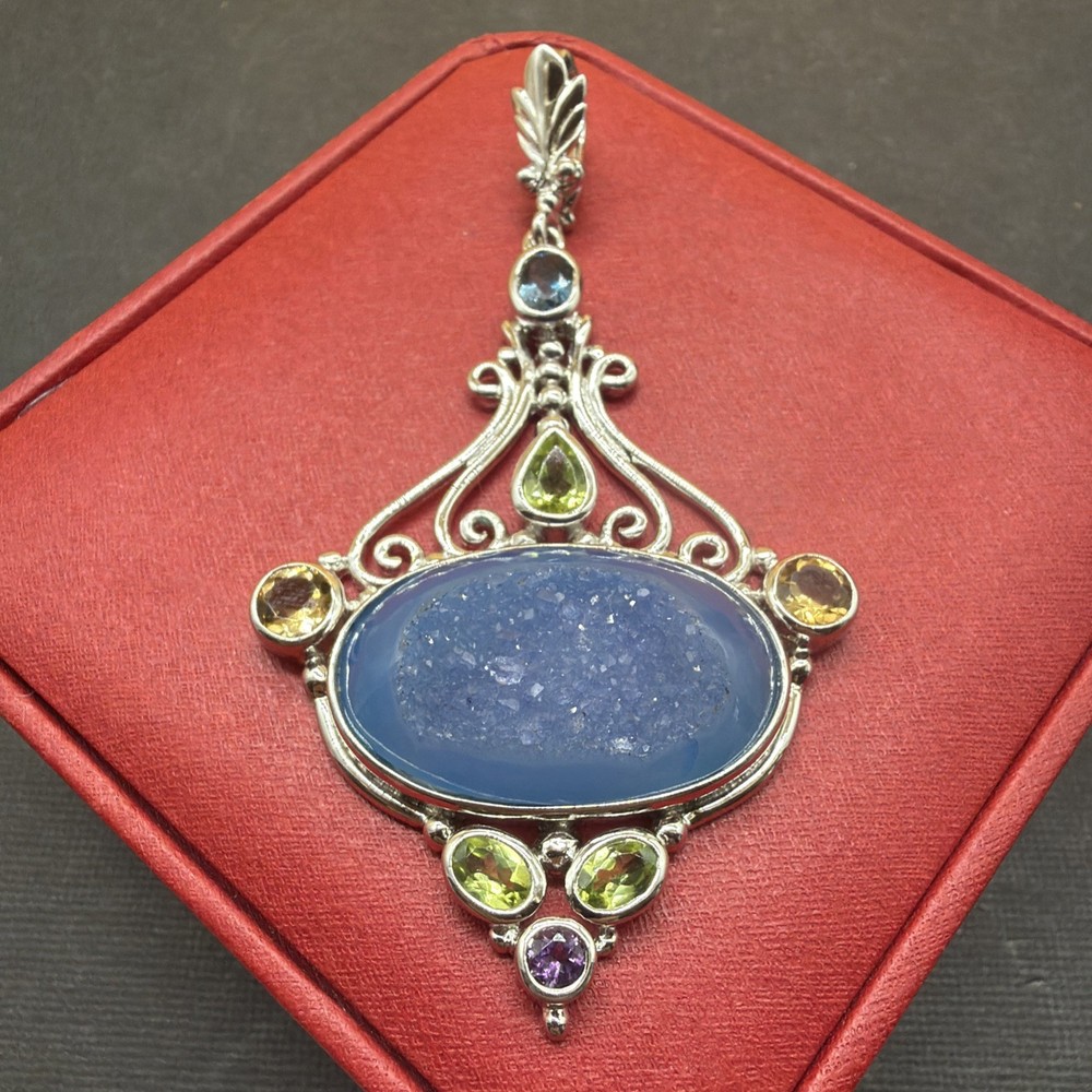 NF Stamped Thailand 925 Large Blue Druzy And Other Gemstone Pendant 3.3”!