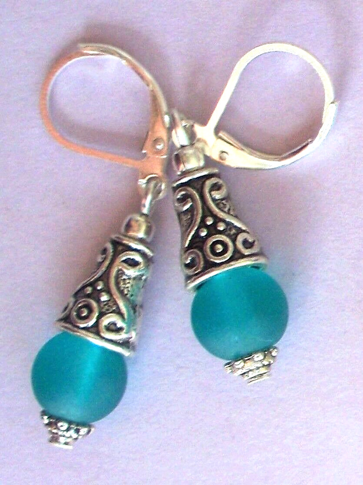 teal green BEACH FROSTED GLASS drop earring SP HANDCRAFTED XX