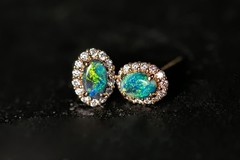 Green Colored Black Opal & Halo Diamond Stud Earrings 14k Yellow Gold