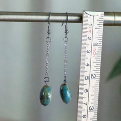 Handmade Blue Glazed Ceramic Bead Long Chain Dangle Earrings Boho Silver Tone