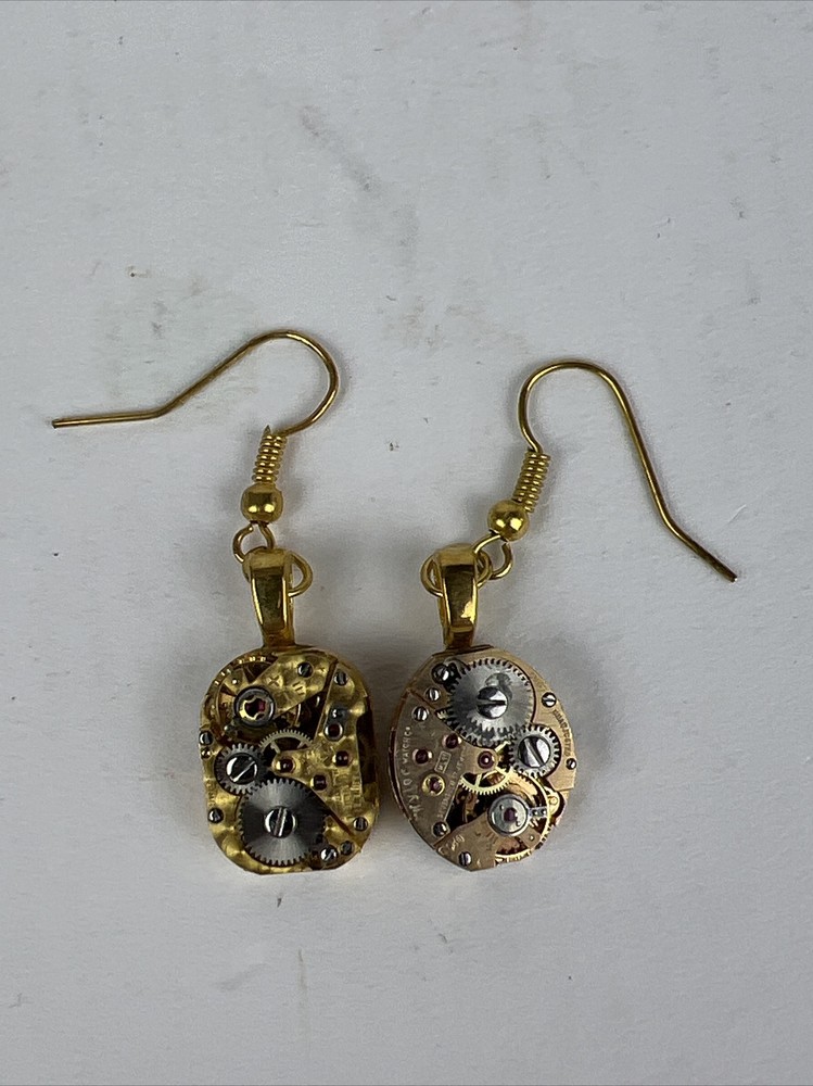 Vintage Watch parts gears steampunk hand made dangle earrings 17 jewel 1.5”