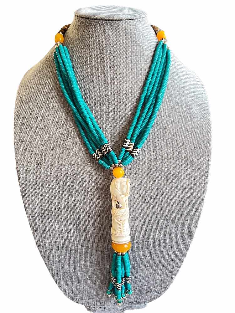 Tribal Elephant Beaded Y Drop Necklace Multi Strand Tassel Artisan Dyed BOHO A10