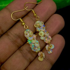 Ethiopian White Opal Gemstone Beads Cluster Earring, Multifire Opal Beaded Gold