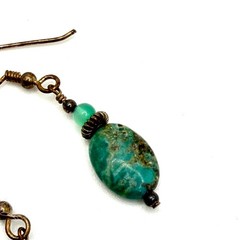 Vintage 90s Artisanal Turquoise Chrysoprase Bronze Beaded Boho Drop Earrings