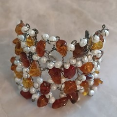 Vintage Artisan Wide Boho Cuff Bracelet Wire Wrapped Seed Pearl & Baltic Amber