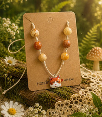 Handmade Adjustable Beaded Cord Necklace Cat Charm Pendant Beige Orange
