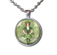St. Patrick’s Day Shamrock Lady in Green Clover Handmade Glass Pendant Necklace