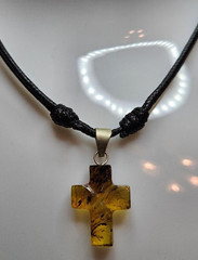 Amber Necklace – Cross on Black Cord – Adj Length 16 to 32 Inches – Mexico