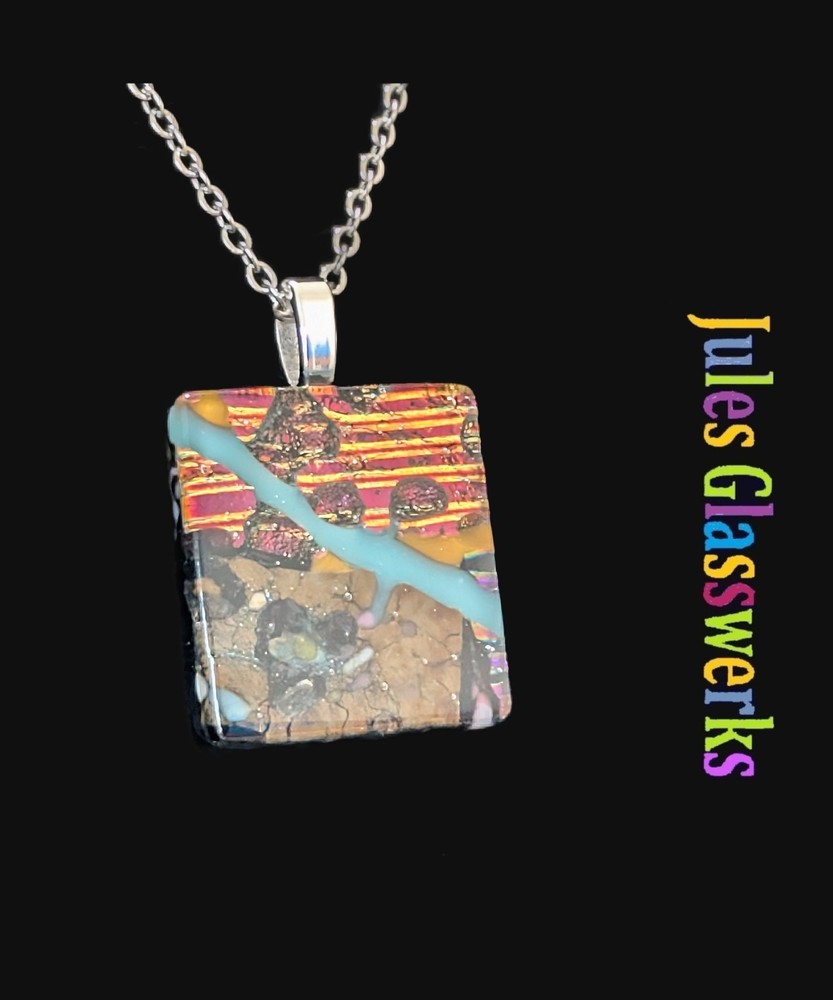 Hand Crafted Dichroic Fused Glass Pendant Necklace W/ Chain #1322
