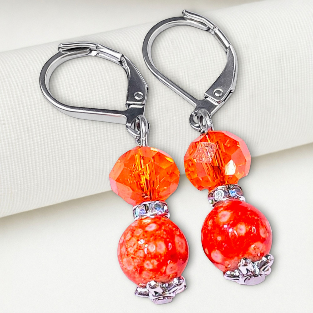 Orange Crystal & Spotted Glass Earrings Stainless Steel Dangle Drop Leverback