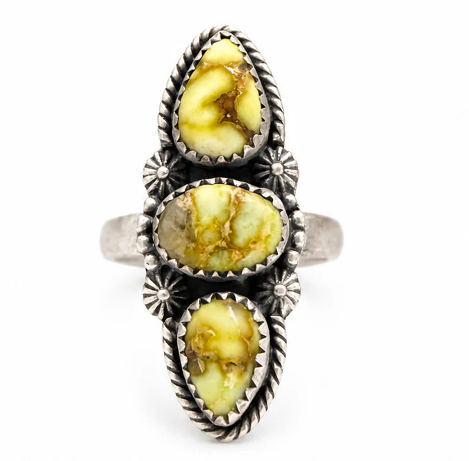 .925 Solid Sterling Silver Triple Stone Palamino Turquoise Adjustable Ring 5-9