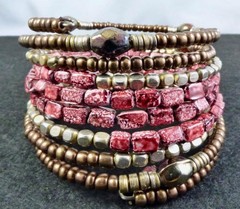 Vintage Bronze~Red Marble~Misc Bead Memory Wire 9-strand Bracelet