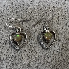 Artisan Made Ethiopian Opal Heart Shape Sterling Silver Dangle Drop Earrings