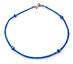 Blue Glass Seed Bead Cat’s Eye Anklet Ankle Bracelet Sterling Silver Clasp 10 in