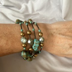 Vintage Hand Crafted Turquoise & Glass Wrist Wrap. Unsigned 6 Polished Turquois