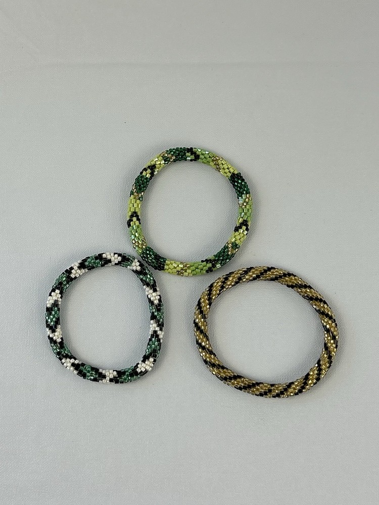 Handmade Seed Bead Stretch Bracelets Set Green Gold Boho Stack