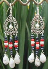Handmade Dendritic Opal Pearl Chandelier Earrings, Red Coral Mystic Black Spinel
