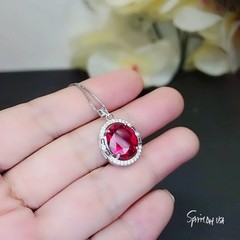 Large Oval Red Ruby Necklace – 5 CT White Gold Sterling Silver Gemstone Halo