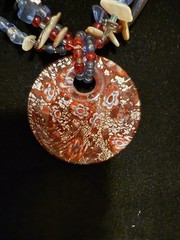 Art Glass Round Pendant Millefori Red White Blue Stones Abalone Chips Boho