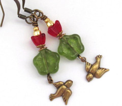 Flower Bird Earrings Green Czech Glass Antiqued Brass Birthday Chic