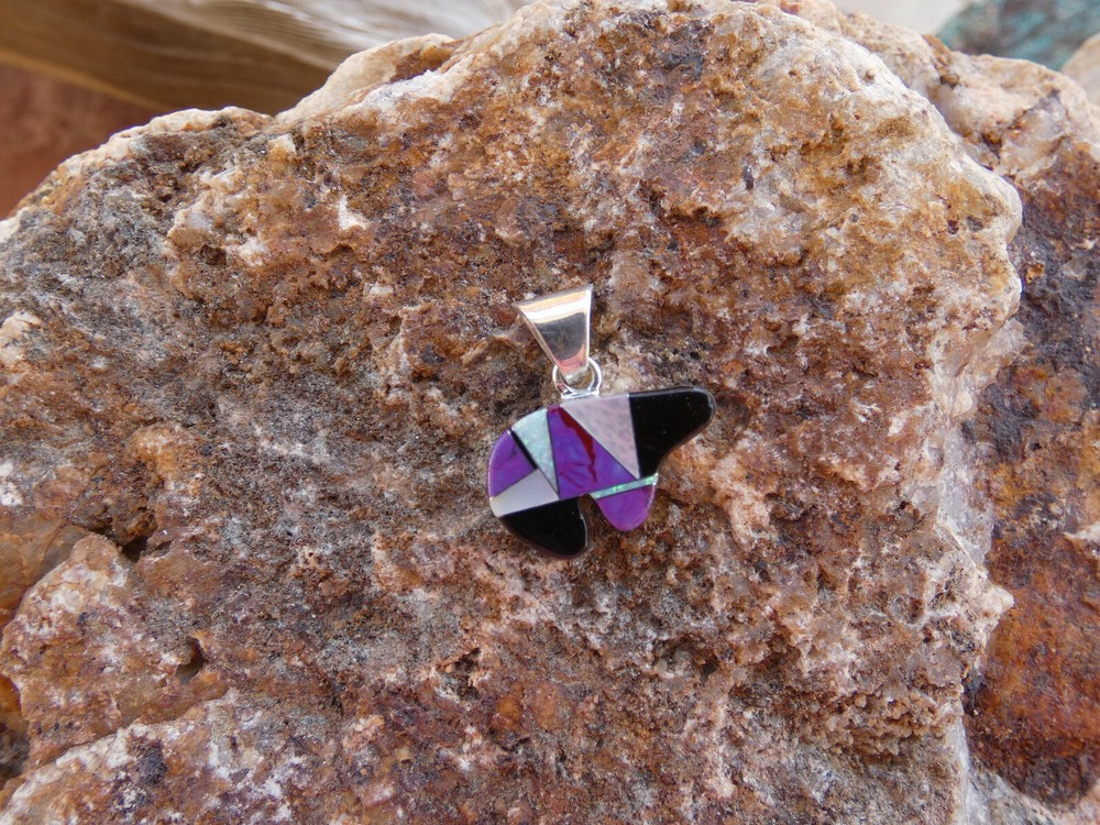 Southwest Sterling Silver Sugilite & White Opal Double Sided Bear Pendant S85
