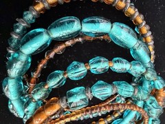 Blue Brown Gold Glass Beaded Wrap Bracelet Stackable Bohemian Memory Wire