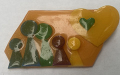 Lucinda Brooch People Family Hearts 2.5″ vintage Pin Yellow Green Red