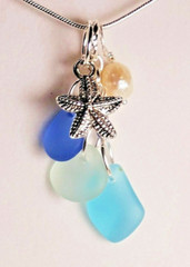 COASTAL BLUES Sea glass jewelry handmade cluster w STARFISH +PEARL Necklace