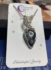 Sterling Silver 925 Snowflake Obsidian Wire Wrapped Pendant Necklace